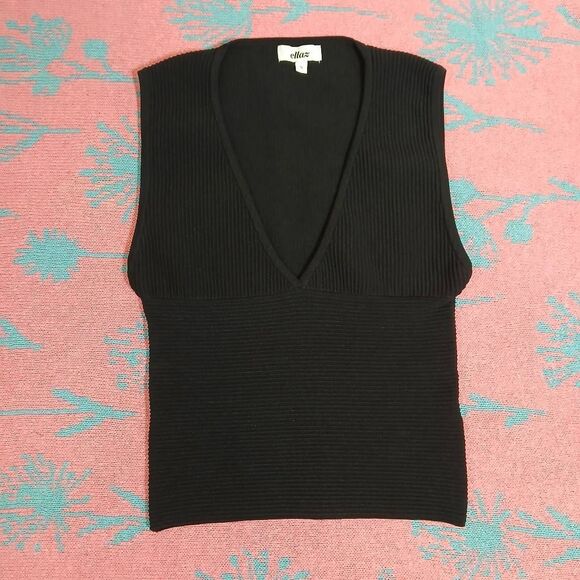 Ellaz Tops - Ellaz womens small black ribbed top fitted stretch quiet luxury minimalist
